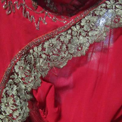 Lot 103: Stunning Vintage Flapper Style Sheer Red Dress, Beaded, Metallic Braided Trim