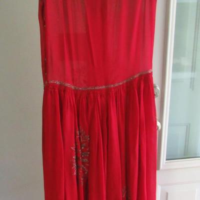 Lot 103: Stunning Vintage Flapper Style Sheer Red Dress, Beaded, Metallic Braided Trim