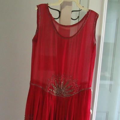Lot 103: Stunning Vintage Flapper Style Sheer Red Dress, Beaded, Metallic Braided Trim