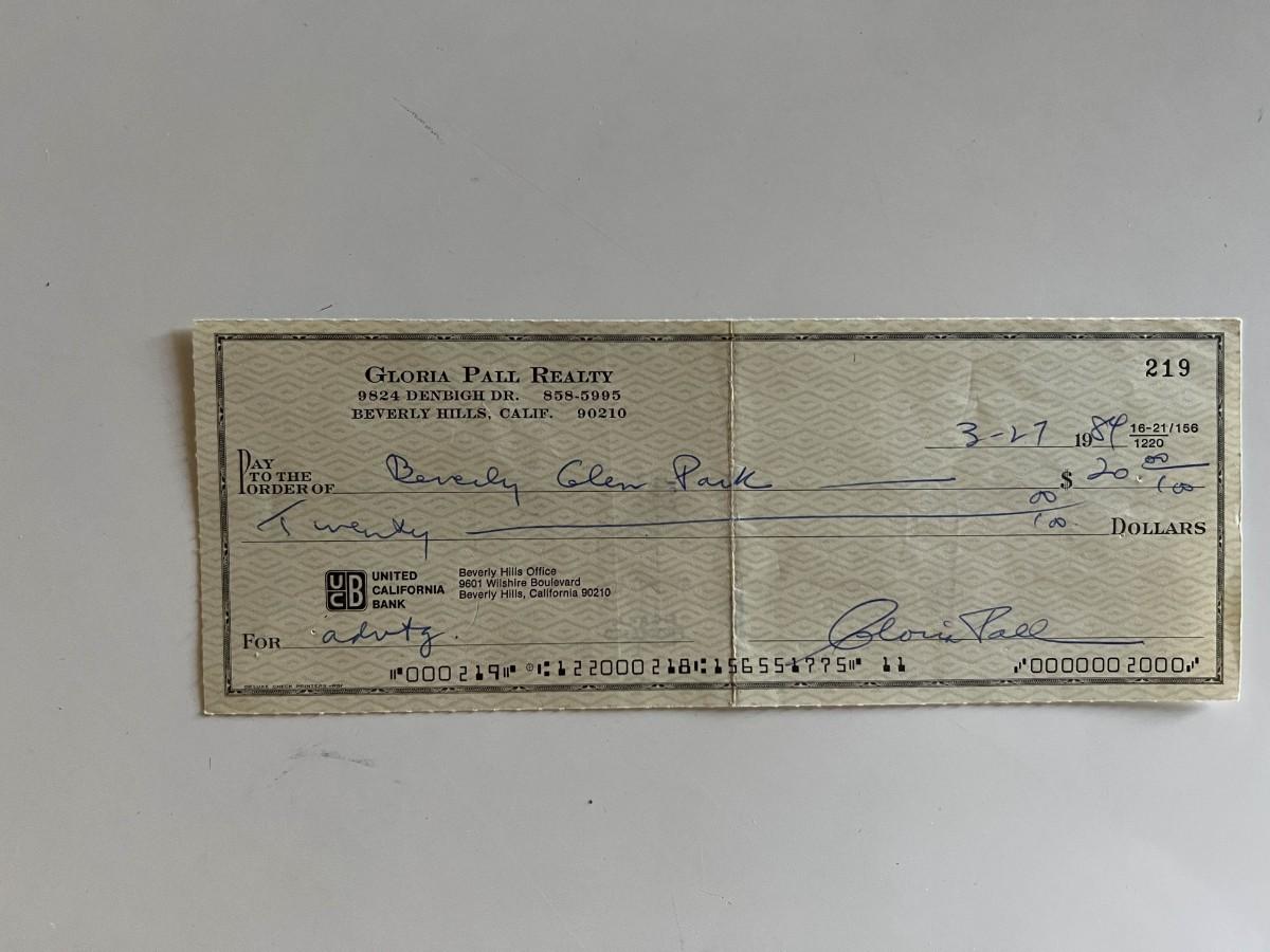 Gloria Pall signed check | EstateSales.org