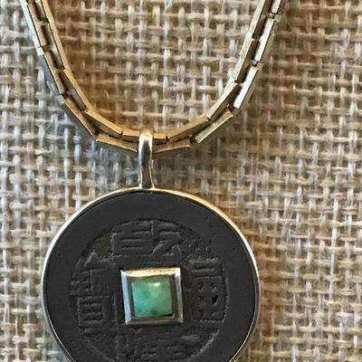 14k Yellow GoldPendant setting with  Chinese Antique Coin With Jade Pendant Charm 23.8 mm x 29.64 mm. Chain is not Gold. Just Pendant