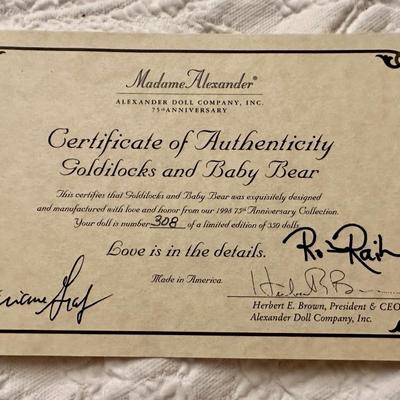 Madame Alexander - Goldilocks and Baby Bear 75th Anniversary Doll - COA