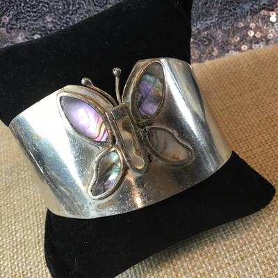 Vintage Mexico Butterfly Abalone Shell Cuff Bracelet  stamped
