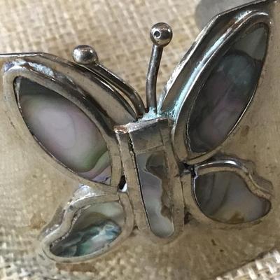 Vintage Mexico Butterfly Abalone Shell Cuff Bracelet  stamped