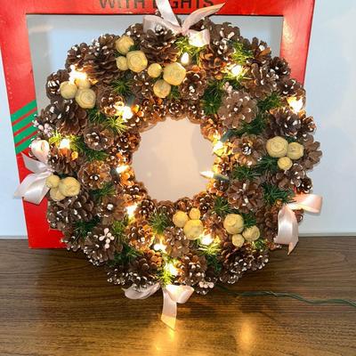 Natural pine cone wreath with lights