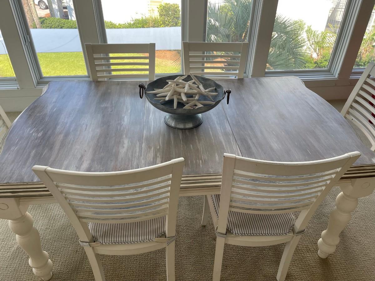 Dining room table farmhouse styled distressed finish w/ 6 chairs