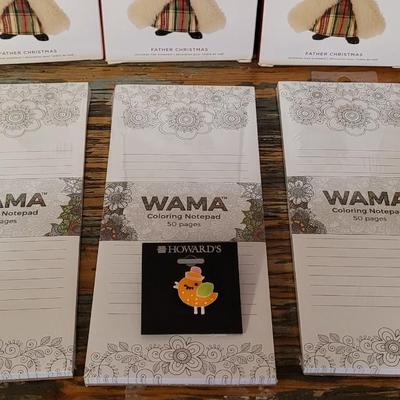 New (3) Father Christmas Ornaments, (3) New Coloring Notepads. And (1) New Bird Pin/Brooch