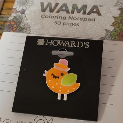New (3) Father Christmas Ornaments, (3) New Coloring Notepads. And (1) New Bird Pin/Brooch