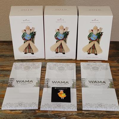 New (3) Father Christmas Ornaments, (3) New Coloring Notepads. And (1) New Bird Pin/Brooch
