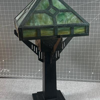 Antique Slag Glass Prairie Style Mission Kerosene Lamp, Oak Base
