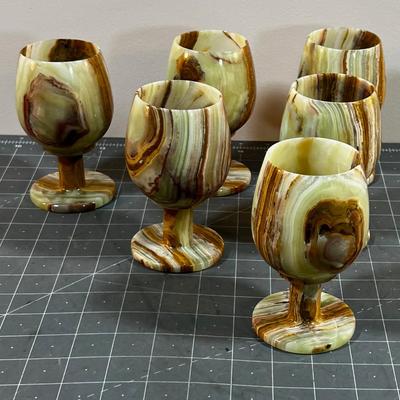 6 Carved Alabaster Green Goblets 