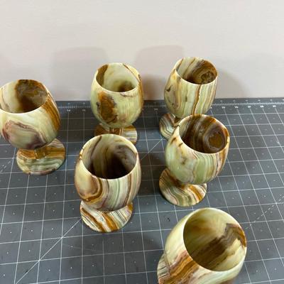 6 Carved Alabaster Green Goblets 