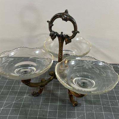 Serving Dish or Tray Cast Metal with 3 Glass Dishes, Etched