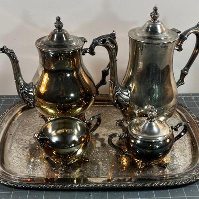 Silver Plated Coffee and Tea set plus serving Tray, Sugar, Cream 