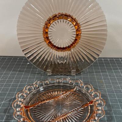(2) Antique Pink Depression Glass Platter / Plates Serving 