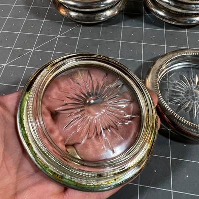 8 Silver Plated Rimmed Glass  Coasters 