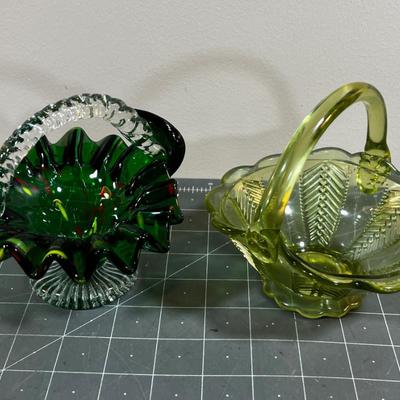 2 Small Green Glass Baskets 
