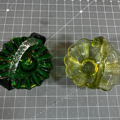 2 Small Green Glass Baskets 