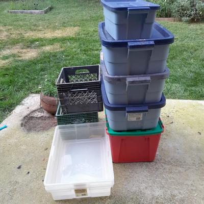 Storage totes with lids, and a few plastic milk crates