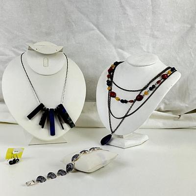 434 Blue Stone Necklace Lot with Earrings & Enamel Shell Bracelet