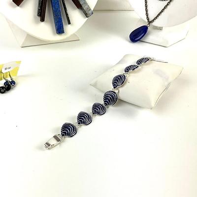 434 Blue Stone Necklace Lot with Earrings & Enamel Shell Bracelet