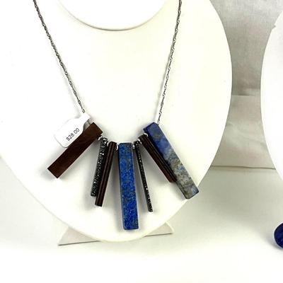 434 Blue Stone Necklace Lot with Earrings & Enamel Shell Bracelet
