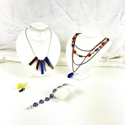 434 Blue Stone Necklace Lot with Earrings & Enamel Shell Bracelet
