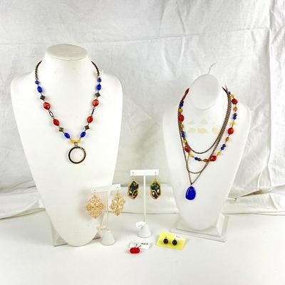 435 Blue / Coral Colored Necklaces with Goldtone Earrings