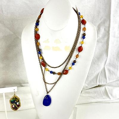 435 Blue / Coral Colored Necklaces with Goldtone Earrings