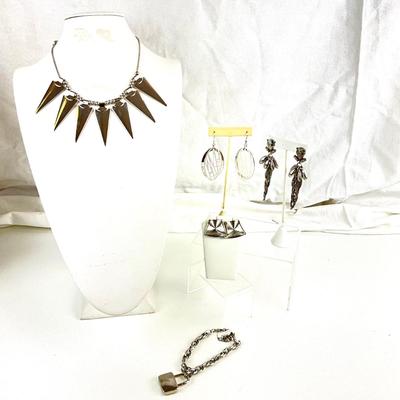 436 Silver Tone Jewelry Lot with Lock Bracelet and Three Pairs of Earrings