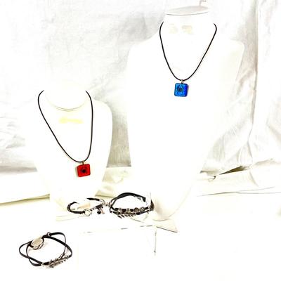 444 Fused Glass Crab Pendants on Leather Necklace and Bracelets
