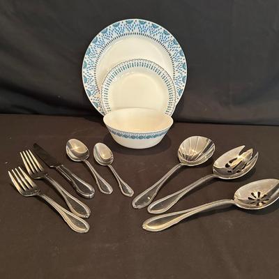 Assortment of Stainless Silverware and Corelle Dishes (LR-KL)