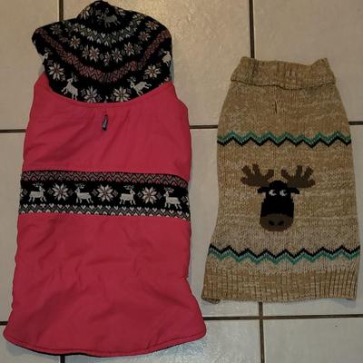 Pink Nylon Pet Coat with Reindeer Sweater Trim and Moose Sweater