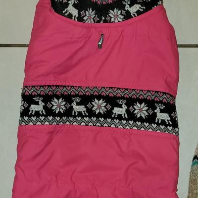 Pink Nylon Pet Coat with Reindeer Sweater Trim and Moose Sweater