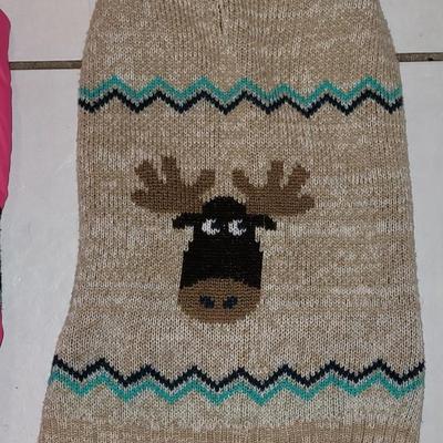 Pink Nylon Pet Coat with Reindeer Sweater Trim and Moose Sweater