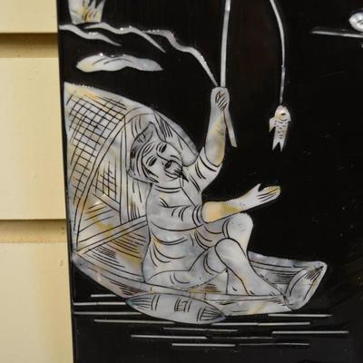 Set of 4 Asian Lacquered Wall Art with Mother of Pearl Detailing