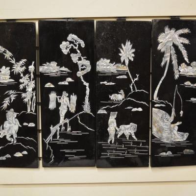 Set of 4 Asian Lacquered Wall Art with Mother of Pearl Detailing