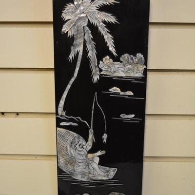 Set of 4 Asian Lacquered Wall Art with Mother of Pearl Detailing