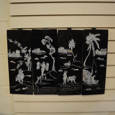 Set of 4 Asian Lacquered Wall Art with Mother of Pearl Detailing