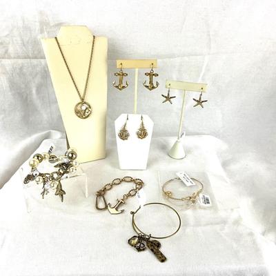 457 Nautical "Refuse to Sink" Goldtone Necklace with Anchor, Starfish, Earrings