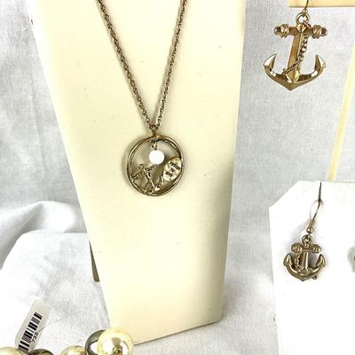 457 Nautical "Refuse to Sink" Goldtone Necklace with Anchor, Starfish, Earrings