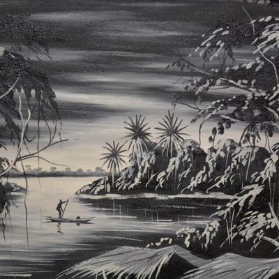 Vintage Hand Painted Black and White Painting on Canvas Wall Art Signed Yamba 1961 Congo