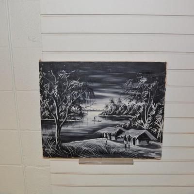 Vintage Hand Painted Black and White Painting on Canvas Wall Art Signed Yamba 1961 Congo