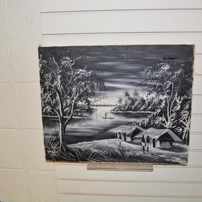 Vintage Hand Painted Black and White Painting on Canvas Wall Art Signed Yamba 1961 Congo