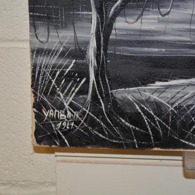 Vintage Hand Painted Black and White Painting on Canvas Wall Art Signed Yamba 1961 Congo