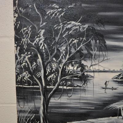 Vintage Hand Painted Black and White Painting on Canvas Wall Art Signed Yamba 1961 Congo