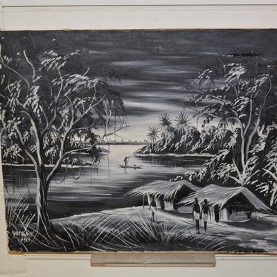Vintage Hand Painted Black and White Painting on Canvas Wall Art Signed Yamba 1961 Congo