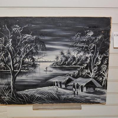 Vintage Hand Painted Black and White Painting on Canvas Wall Art Signed Yamba 1961 Congo