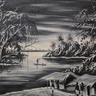 Vintage Hand Painted Black and White Painting on Canvas Wall Art Signed Yamba 1961 Congo