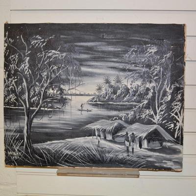 Vintage Hand Painted Black and White Painting on Canvas Wall Art Signed Yamba 1961 Congo